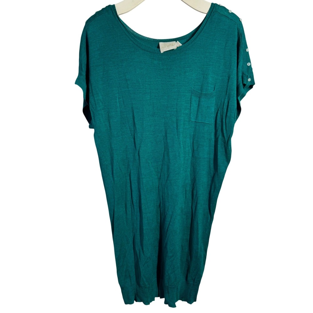 Falls Creek Women Emerald Green 100% Silk Knit Pocket Tunic Top Short Sleeve S